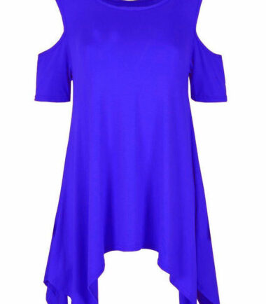 WOMENS COLD SHOULDER CUT HANKY TOP LADIES PLUS SIZE OVERSIZED SWING HEM FLARED