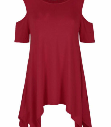 WOMENS COLD SHOULDER CUT HANKY TOP LADIES PLUS SIZE OVERSIZED SWING HEM FLARED