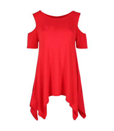 WOMENS COLD SHOULDER CUT HANKY TOP LADIES PLUS SIZE OVERSIZED SWING HEM FLARED