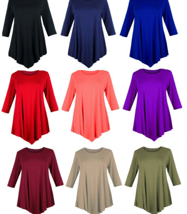 WOMENS V-CUT TUNIC TOP PLUS SIZE LOOSE DRESS SWING 12-26 LADIES BAGGY 3/4 SLEEVE