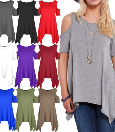 WOMENS COLD SHOULDER CUT HANKY TOP LADIES PLUS SIZE OVERSIZED SWING HEM FLARED