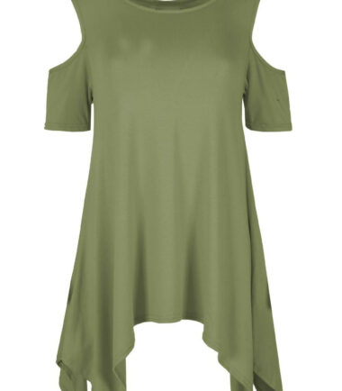 WOMENS COLD SHOULDER CUT HANKY TOP LADIES PLUS SIZE OVERSIZED SWING HEM FLARED
