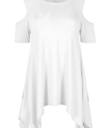 WOMENS COLD SHOULDER CUT HANKY TOP LADIES PLUS SIZE OVERSIZED SWING HEM FLARED