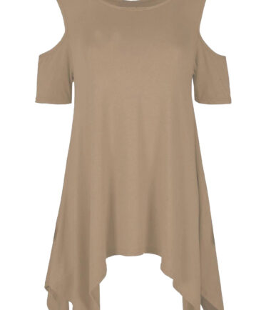 WOMENS COLD SHOULDER CUT HANKY TOP LADIES PLUS SIZE OVERSIZED SWING HEM FLARED