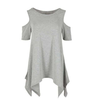 WOMENS COLD SHOULDER CUT HANKY TOP LADIES PLUS SIZE OVERSIZED SWING HEM FLARED