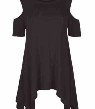 WOMENS COLD SHOULDER CUT HANKY TOP LADIES PLUS SIZE OVERSIZED SWING HEM FLARED