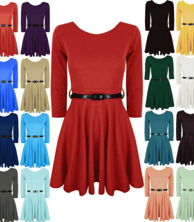 GIRLS LONG SLEEVE SWING SKATER DRESS BELTED FLARED KIDS CHILDRENS PARTY UNIFROM