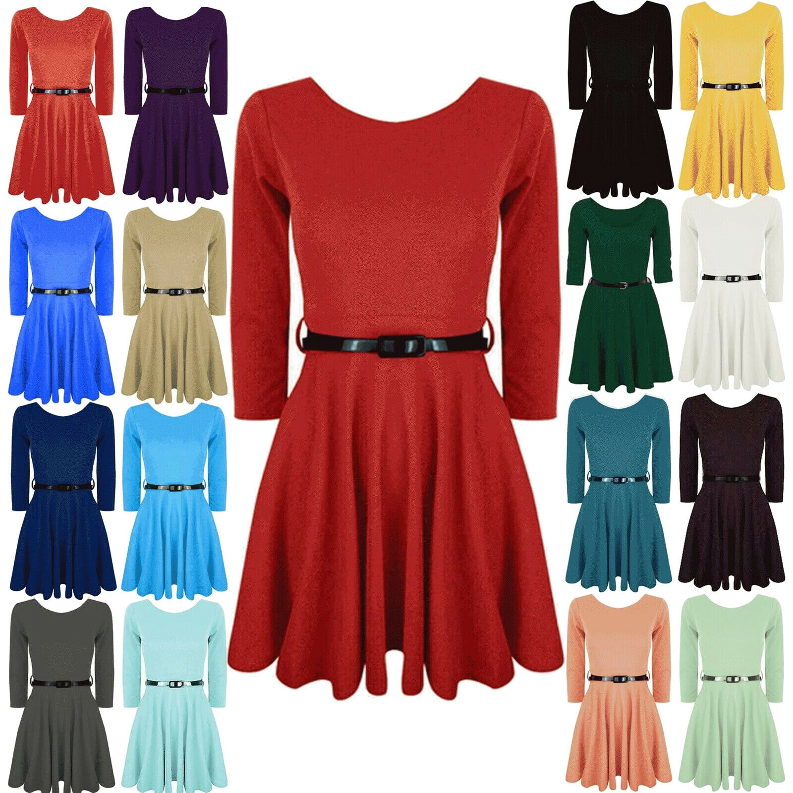GIRLS-LONG-SLEEVE-SWING-SKATER-DRESS-BELTED-FLARED-KIDS-CHILDRENS-PARTY-UNIFROM GIRLS LONG SLEEVE SWING SKATER DRESS BELTED FLARED KIDS CHILDRENS PARTY UNIFROM