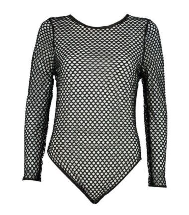 New Womens All Over Full Fishnet Mesh Slim Fit Long Sleeve Bodysuit Leotard Top