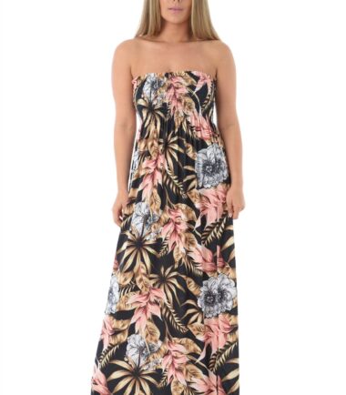 New-Womens-Tropical-Leaf-Floral-Print-Sheering-Boobtube-Bandeau-Long-Maxi-Dress New Womens Tropical Leaf Floral Print Sheering Boobtube Bandeau Long Maxi Dress