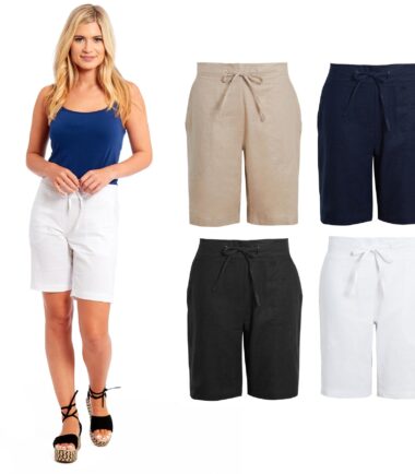Womens Summer Holiday Linen Black White Stone Comfort Shorts Black White Stone