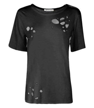 New Womens Distressed Ripped Holes Plain Cap Sleeve Loose Fit Basic T-Shirt Top