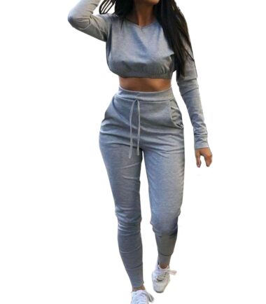 New Womens Crop Jumper Top Bottoms 2 Pcs Co-Ord Set Jogging Loungewear Tracksuit