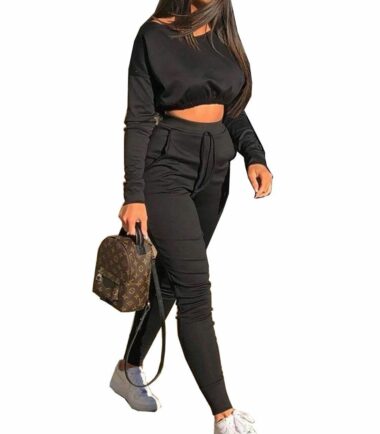 New Womens Crop Jumper Top Bottoms 2 Pcs Co-Ord Set Jogging Loungewear Tracksuit