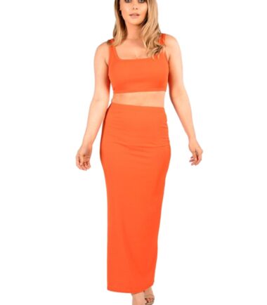 Womens Plain Ribbed Sleeveless Crop Top Long Maxi Skirt Summer 2 Pcs Co-Ord Suit