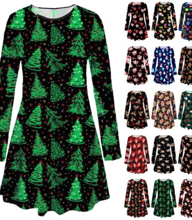 Plus Size Womens Girls Christmas Tree Xmas Santa Snowman Gift Party Swing Dress