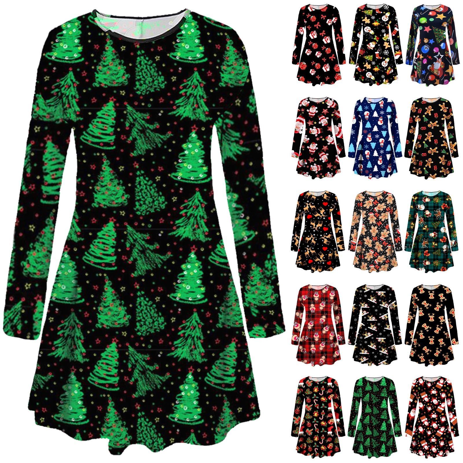 Plus-Size-Womens-Girls-Christmas-Tree-Xmas-Santa-Snowman-Gift-Party-Swing-Dress Plus Size Womens Girls Christmas Tree Xmas Santa Snowman Gift Party Swing Dress
