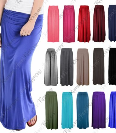 New Womens Plain Pleated Fold Over Waist Jersey Gypsy Long Maxi Skirt Size 16-26
