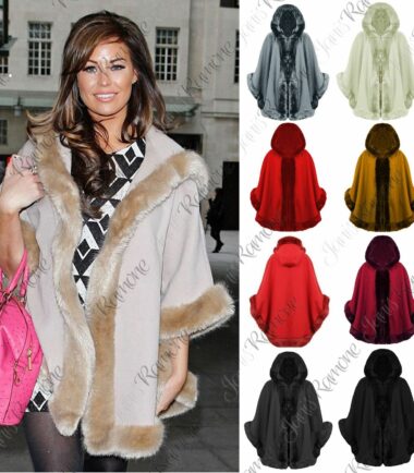 New Womens Ladies Faux Fur Trim Hooded Cape Poncho Wrap Shawl Designer Warm Coat