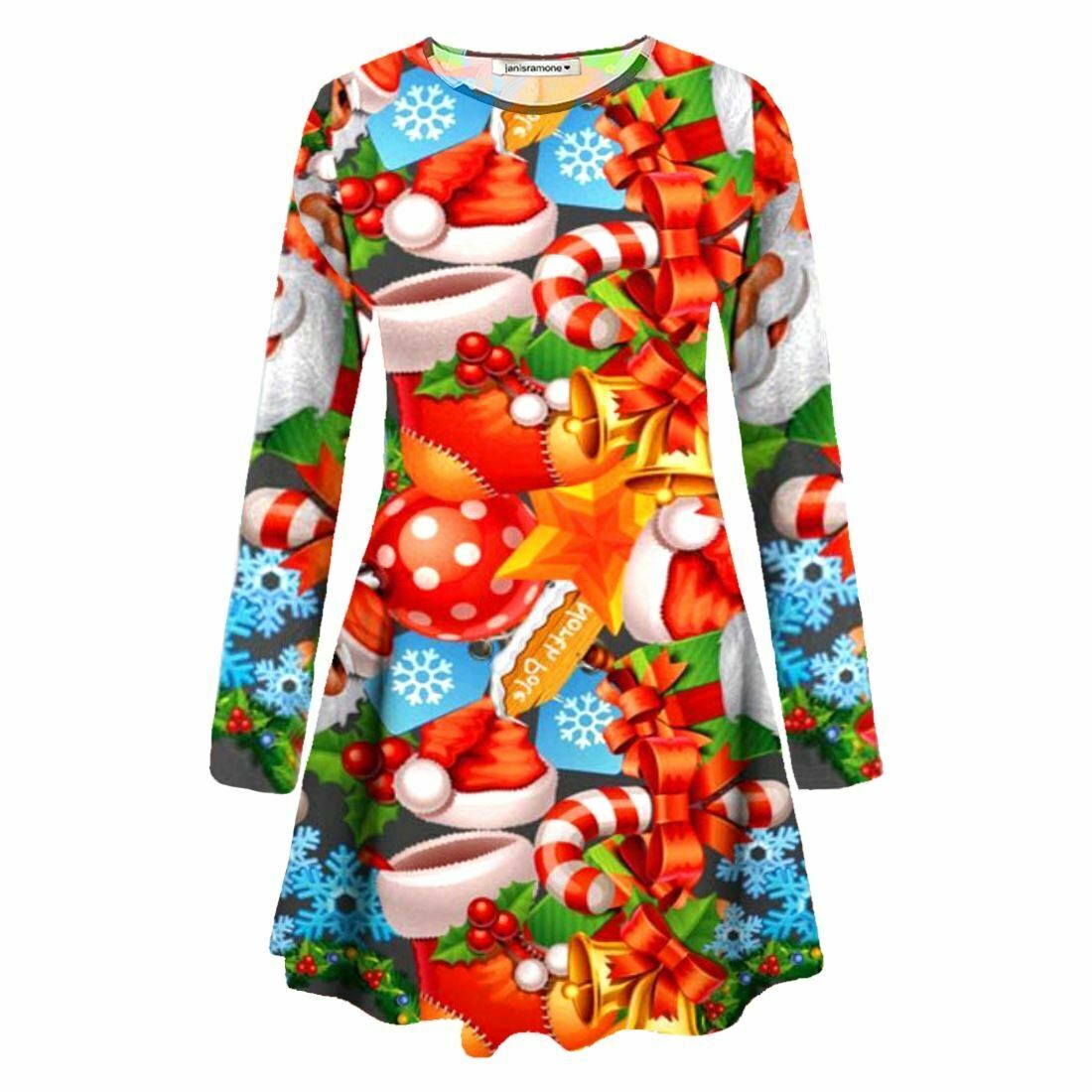 Women-Long-Sleeve-Baubles-Mistletoe-Christmas-Xmas-Swing-Flared-Baggy-Mini-Dress Women Long Sleeve Baubles Mistletoe Christmas Xmas Swing Flared Baggy Mini Dress