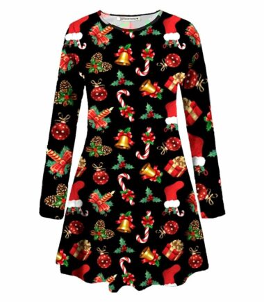 Women Long Sleeve Baubles Mistletoe Christmas Xmas Swing Flared Baggy Mini Dress