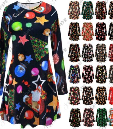 Women-Long-Sleeve-Baubles-Mistletoe-Christmas-Xmas-Swing-Flared-Baggy-Mini-Dress Women Long Sleeve Baubles Mistletoe Christmas Xmas Swing Flared Baggy Mini Dress