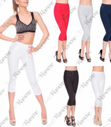 New Womens Plain Stretchy Cotton 3/4 Length Cropped Summer Capri Leggings Pants