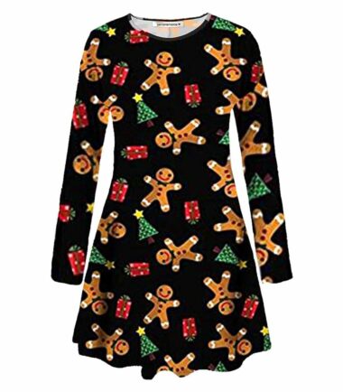 New Women Long Sleeve Reindeer Snowflake Print Xmas Gift Flare Party Swing Dress