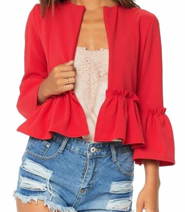New Womens Ruffle Frill Bell Sleeve Plain Peplum Blazer Jacket Open Front Coat