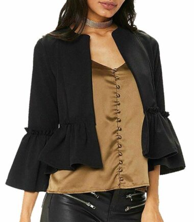 New Womens Ruffle Frill Bell Sleeve Plain Peplum Blazer Jacket Open Front Coat