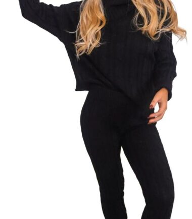 Womens High Polo Roll Neck Top Bottom Chunky Cable Knitted Loungewear Tracksuit