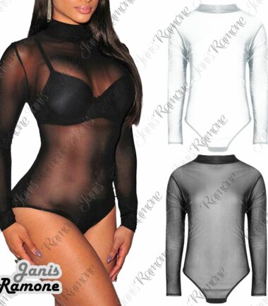 Womens Turtle Polo Neck Full Sheer Mesh Long Sleeve Bodysuit Leotard Top 8-26