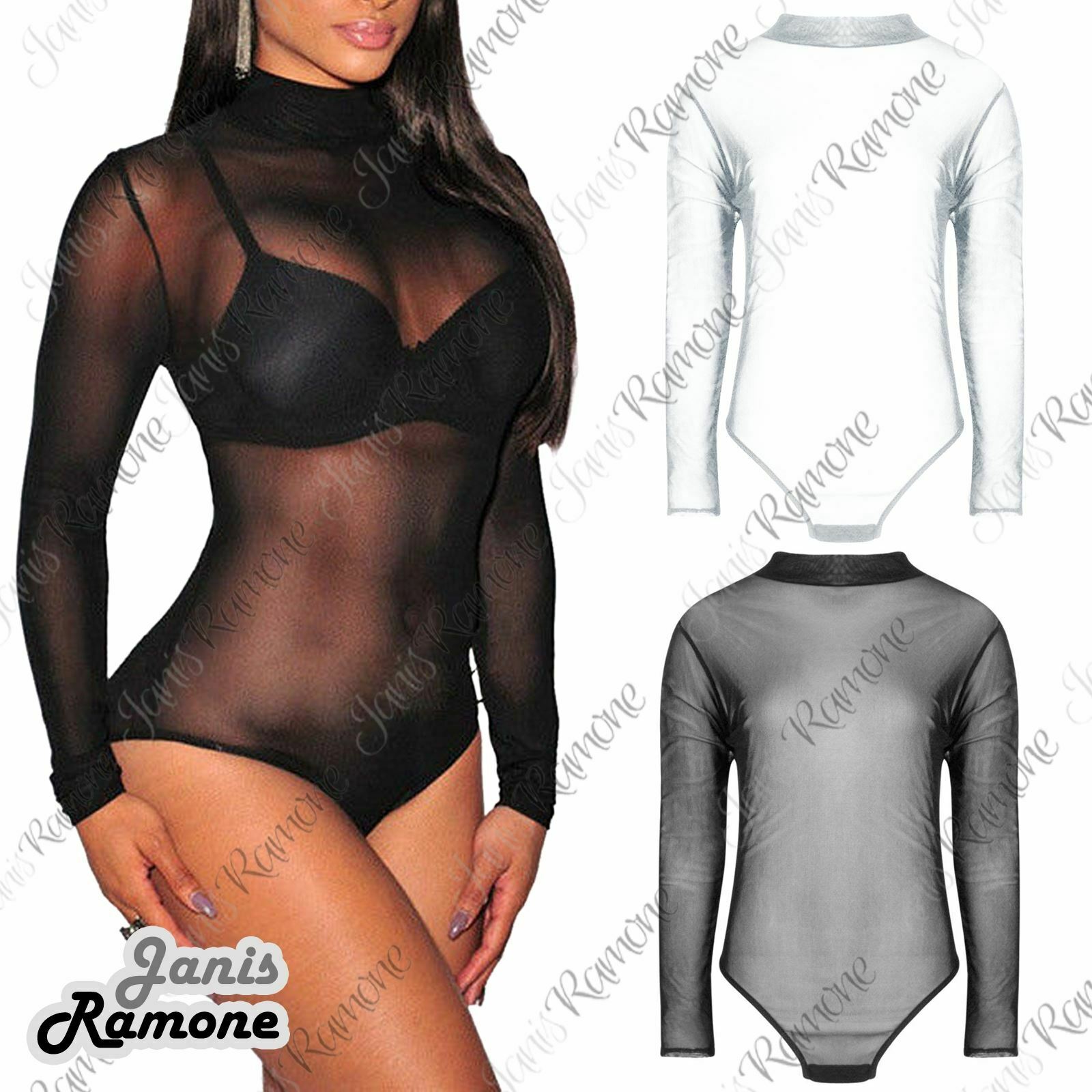 Womens-Turtle-Polo-Neck-Full-Sheer-Mesh-Long-Sleeve-Bodysuit-Leotard-Top-8-26 Womens Turtle Polo Neck Full Sheer Mesh Long Sleeve Bodysuit Leotard Top 8-26