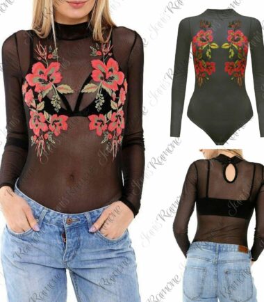 New Womens Floral Embroidered Polo Turtle Neck Sheer Mesh Bodysuit Leotard Top