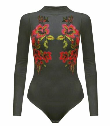 New Womens Floral Embroidered Polo Turtle Neck Sheer Mesh Bodysuit Leotard Top