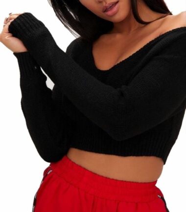 New Womens Off Shoulder V Neck Knitted Cropped Long Sleeve Jumper Warm Sweater