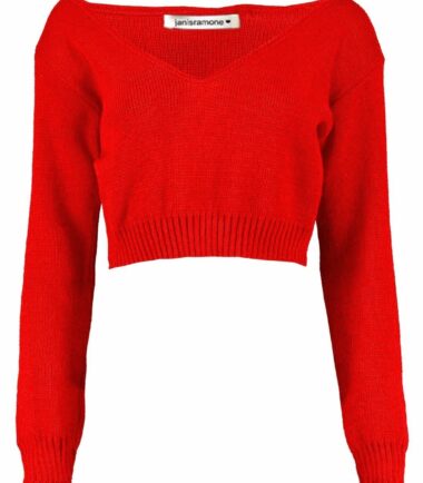 New Womens Off Shoulder V Neck Knitted Cropped Long Sleeve Jumper Warm Sweater