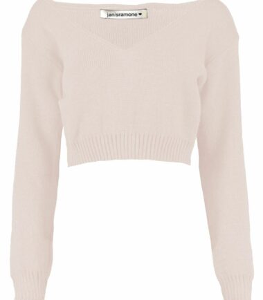 New Womens Off Shoulder V Neck Knitted Cropped Long Sleeve Jumper Warm Sweater