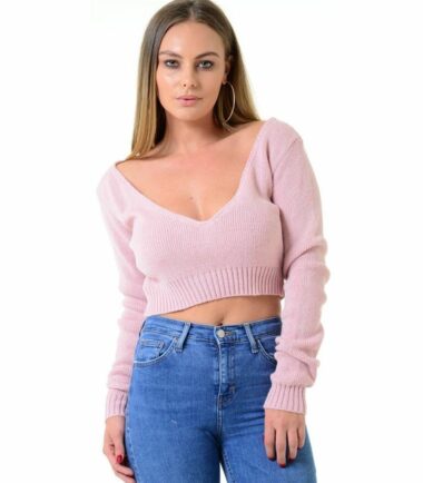 New Womens Off Shoulder V Neck Knitted Cropped Long Sleeve Jumper Warm Sweater