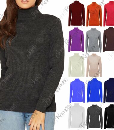 New Womens Long Sleeve Polo Neck Plain Ribbed Knitted Casual Jumper Warm Top