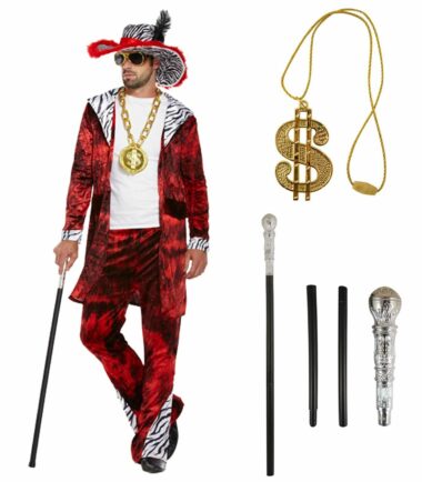 Mens 70s Big Daddy Gangster Costume Adult Pimp Suit Hat Fancy Dress Party Outfit