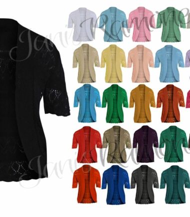 New Womens Crochet Knitted Bolero Shrug Cap Sleeve Cardigan Top Size UK 16-22