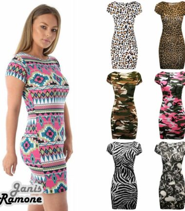 New Womens Cap Sleeve Army Aztec Printed Stretchy Tunic Bodycon Mini Dress Top