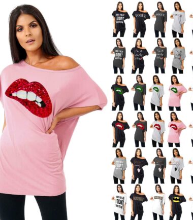 Womens Printed Off Shoulder Direct Sleeve Baggy Lagenlook Oversized T-Shirt Top