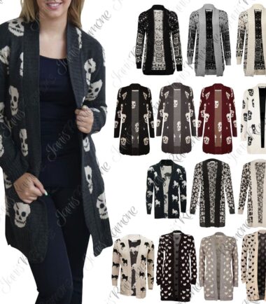 Womens Heart Skull Owl Knitted Open Front Boyfriend Cardigan Sweater Winter Top