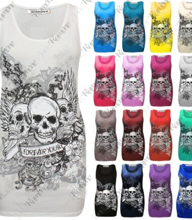 New Womens Glitter Detail Forever Young Skull Print Sleeveless T Shirt Vest Top