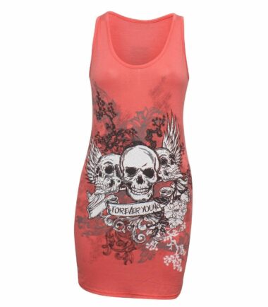 New Womens Glitter Detail Forever Young Skull Print Sleeveless T Shirt Vest Top