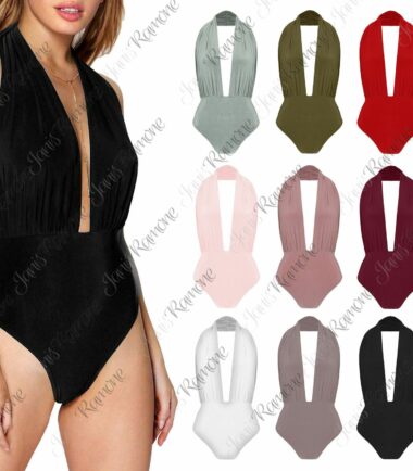 New Womens Plain Halter Neck Backless Slinky Leotard Bodysuit Plunge Stretch Top