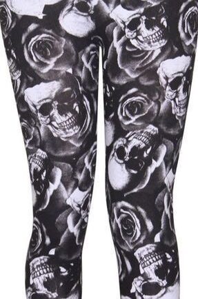 GIRLS SKULL & ROSE LEGGINGS PRINTED KIDS DANCE PE PARTY HALLOWEEN ROSES VISCOSE