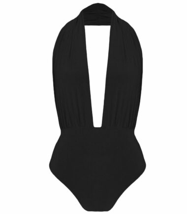 New Womens Plain Halter Neck Backless Slinky Leotard Bodysuit Plunge Stretch Top